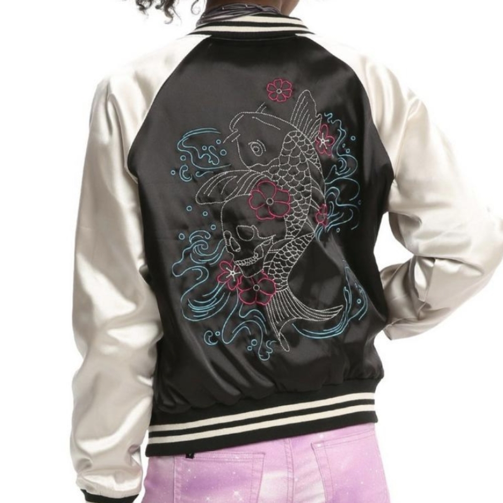 Hot Topic Embroidered Koi Satin Bomber Jacket
